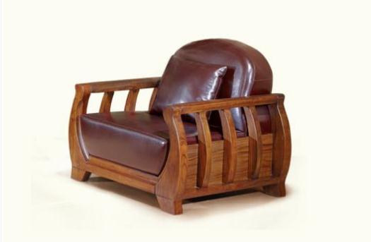现代中式乌金木色真皮沙发 单人沙发